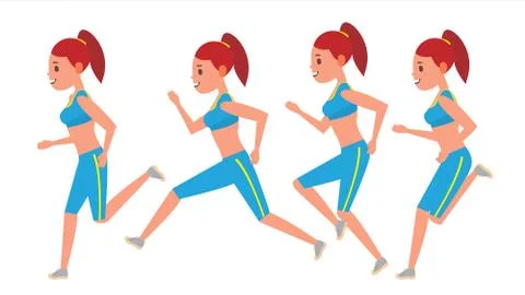 Female Running Vector. Animation Frames Set. Sport Athlete Fitness Character Stock Illustration