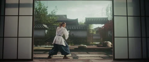 Female Samurai Practice with Sword Stock Footage 321011094
