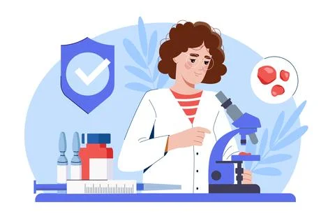Female scientist analyzing cells in lab. Vector illustration 库存插图