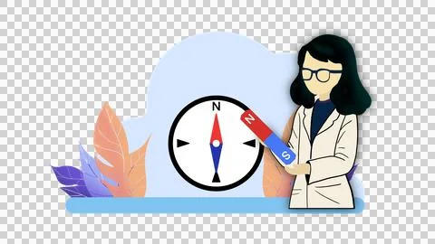 Female scientist doing scientific experiment, magnetic force experiment Stock Illustration