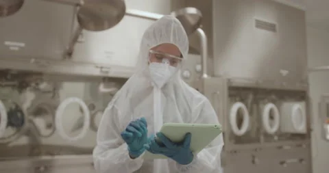 Female Scientist in Laboratory Looking at Test Result on Digital Tablet Stock Footage 196208066