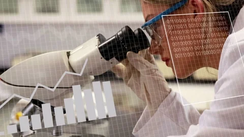 Female scientist leaning into microscope, adjusting eyepiece, activating data Stock Footage 335235877