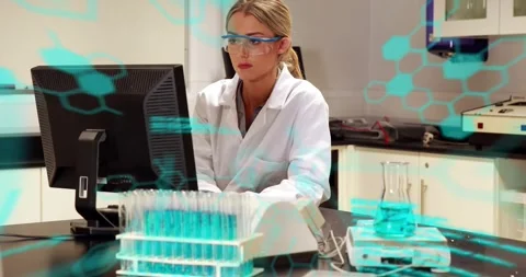 Female scientist logging into lab analysis system and scanning molecular overlay Video stock 327962219