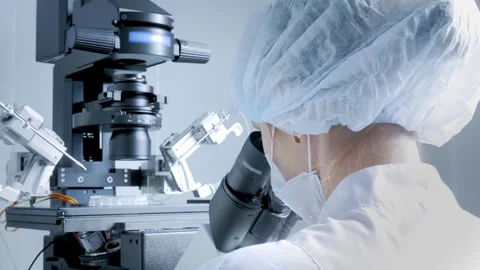 Female scientist looking microscope eyepiece portrait of woman scientist 스톡 동영상 280060830
