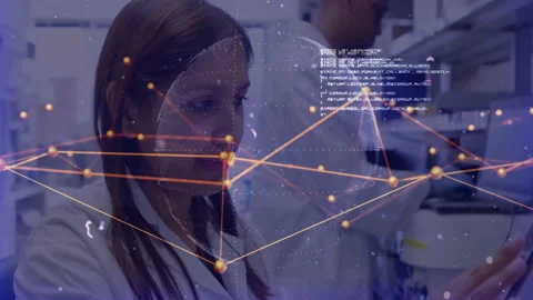 Female scientist operating microscope in science lab, with holographic data Stock Footage 308677987