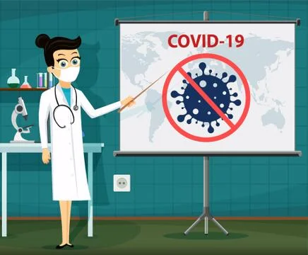Female scientist points to a world map with covid-19 Stock-Illustration