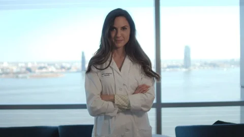 Female Scientist Posing With City Background Stock Footage 122937210