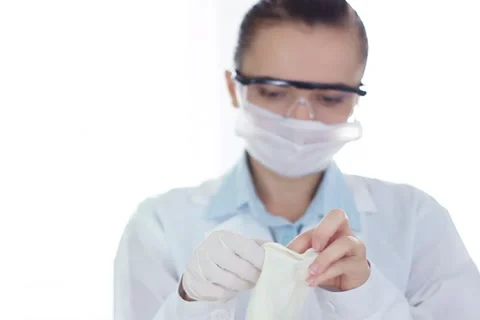 Female scientist putting on protective rubber gloves NTSC Stock Footage