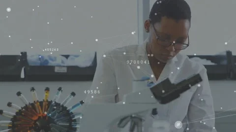Female scientist selecting pipette tip and pipetting samples with pulsing data Stock Footage 314849883