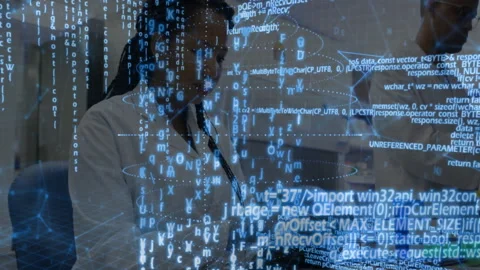 Female scientist tapping tablet projecting hologram code in lab while coworker Stock Footage 310433690