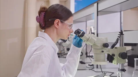 Female scientist using a microscope and tablet for laboratory research Vídeo Stock 346938714