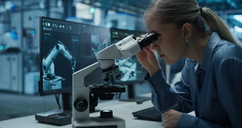 Female Scientist Using Microscope in Robotics Factory Stock Footage 319831062