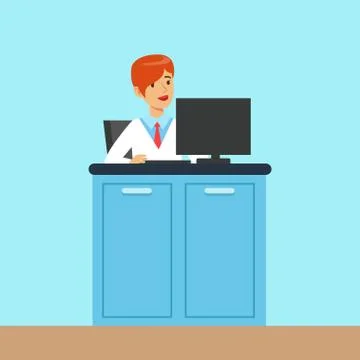 Female scientist working at a computer in a lab, administrator of the scientific Stock Illustration