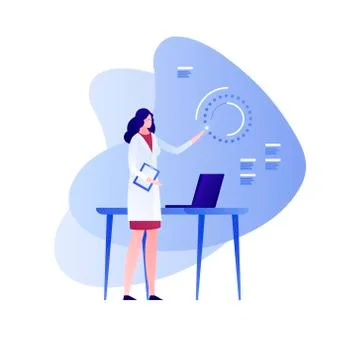 Female scientist working with interface and laptop. Stock Illustration