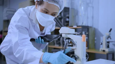 Female scientist working with microscope Stock Footage 201233767