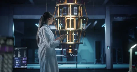Female Scientist Working with Quantum Computer Stock Footage 318965808