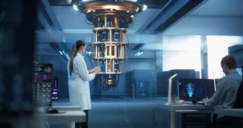 Female Scientist Working with Quantum Computer Stock Footage 318965856