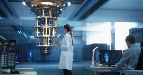 Female Scientist Working with Quantum Computer Stock Footage 318965862