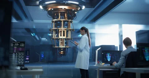 Female Scientist Working with Quantum Computer Stock Footage 318965882