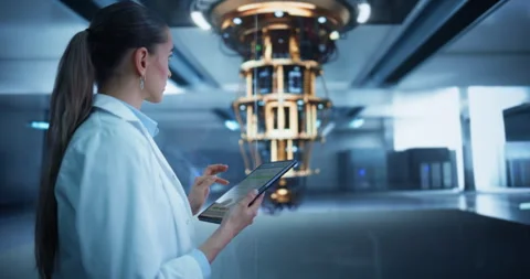 Female Scientist Working with Quantum Computer Stock Footage 318965985