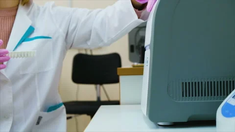Female scientist working with samples in rack in the chemical laboratory. Stock Footage 103701305