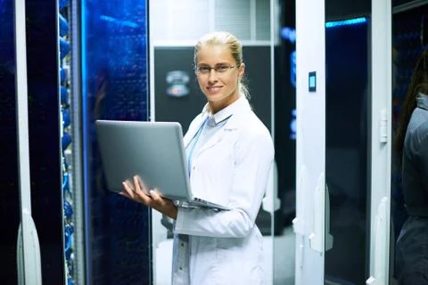 Female Scientist Working with Supercomputer 스톡 사진