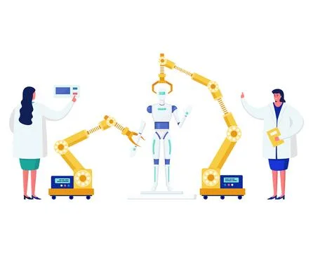 Female scientists programming humanoid robot and automation arm. AI development Stockillustratie