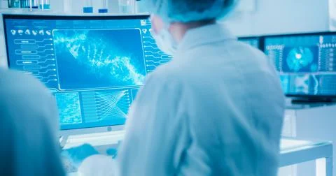 Female scientists studying brainwave scanning models and DNA sequencesl. Stock Photos