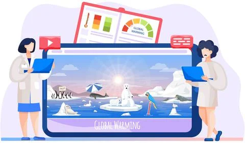 Female scientists work with laptops, study global warming. Video with animals Illustrazione stock