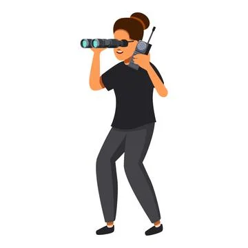 Female security guard using binoculars and walkie talkie ensuring safety Stock Illustration