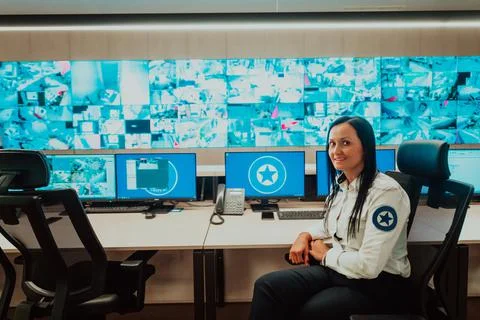 Female security operator working in a data system control room offices Technical Foto stock