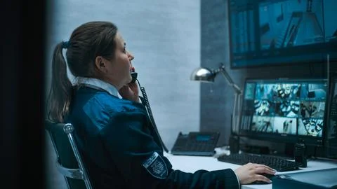 Female security worker or dispatch works on computer with CCTV cameras 스톡 사진