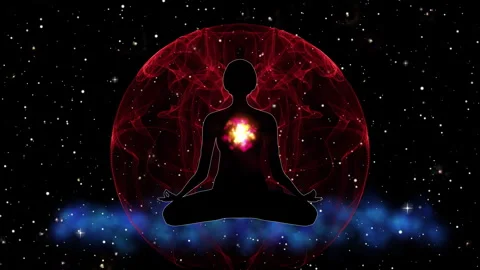 Female shape sits in meditation, dynamic 3D animation: chakra and aura energy in Stock Footage 283485809