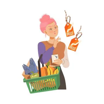 Female with Shopping Basket Looking at Price Tag in Supermarket Frowning with Stock Illustration