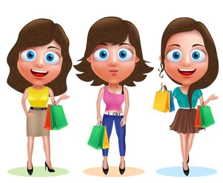 Female shopping vector characters set. Woman holding shopping bags Stock Illustration