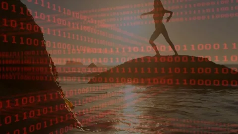 Female silhouette responding to red binary overlay, walking and posing on rock Stock Footage 328417878