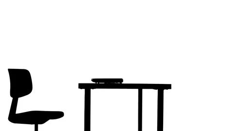 Female sits down at the table drinks coffee and uses a laptop silhouette Stock Footage 81696854