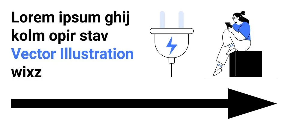 Female sitting on box using tablet near electric plug and large arrow. Placeh イラスト素材