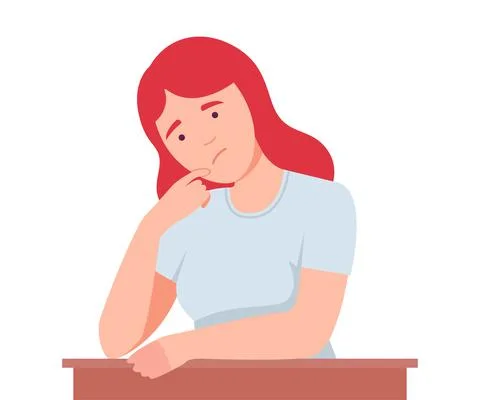 Female Sitting at Table with Pensive Face Expression Thinking and Considering of Illustrazione stock