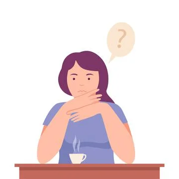 Female Sitting at Table Thinking and Considering of Something Vector Stock Illustration