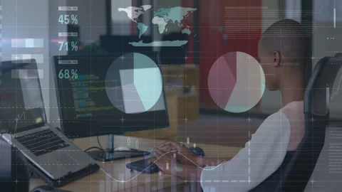 Female software developer coding at desk, viewing code display with floating pie Stock Footage 309096134