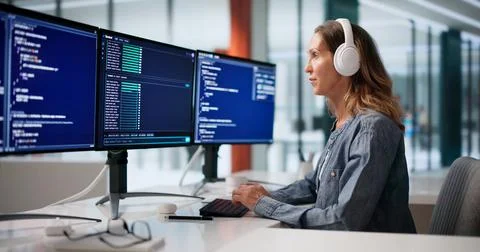 Female Software Developer Listens To Music While Coding On Cloud-based Tools. Stock Photos