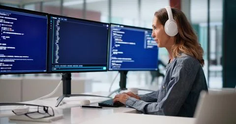 Female Software Developer Listens To Music While Coding Securely On Cloud. 스톡 사진