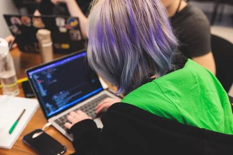 Female software developer students working on computer and laptop, programm.. 스톡 사진