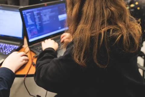 Female software developer students working on computer and laptop, programm.. 스톡 사진