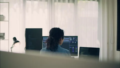 Female Software Developer Working on Code and UI Design in Tech Lab. Stock Footage 307586915
