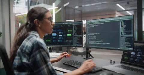 Female Software Developer Working in Office Video stock 321012526