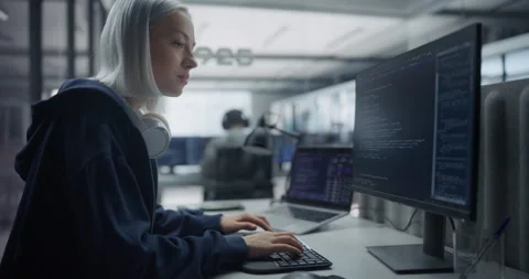 Female Software Developer Writing Code on Computer Stock Footage 296183582