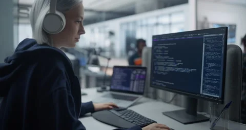 Female Software Developer Writing Code on Computer Stock Footage 296183795