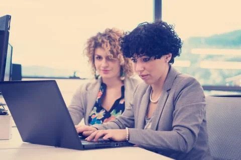 Female software developers using laptop computer Stock Photos